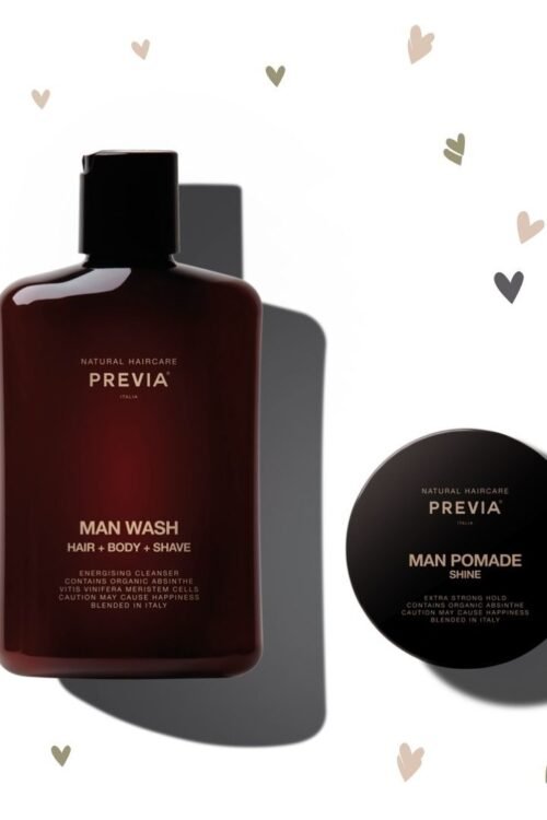PREVIA Man wash rinkinys vyrams šampūnas, skutimosi priemonė ir prausiklis 250ML ir pomada 100ML